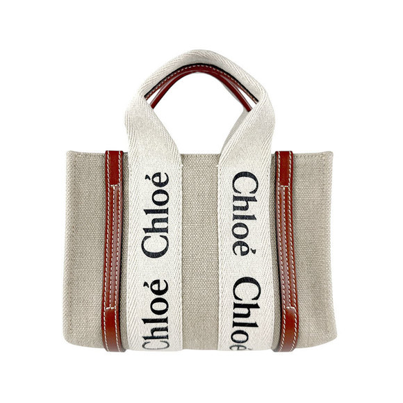 Chloe Woody Linen Shoulder Leather Beige Bag Brown - Picture 1 of 4